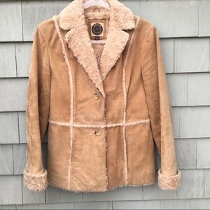 giacca Vintage Tan Penny Lane Daisy Leather Suede Coat With Faux Fur Trim Small